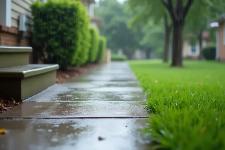 Rain-wet front path and lawn of a suburban house