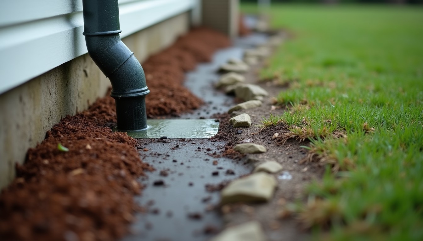 A gutter downspout draining beside a house foundation and mulch bed