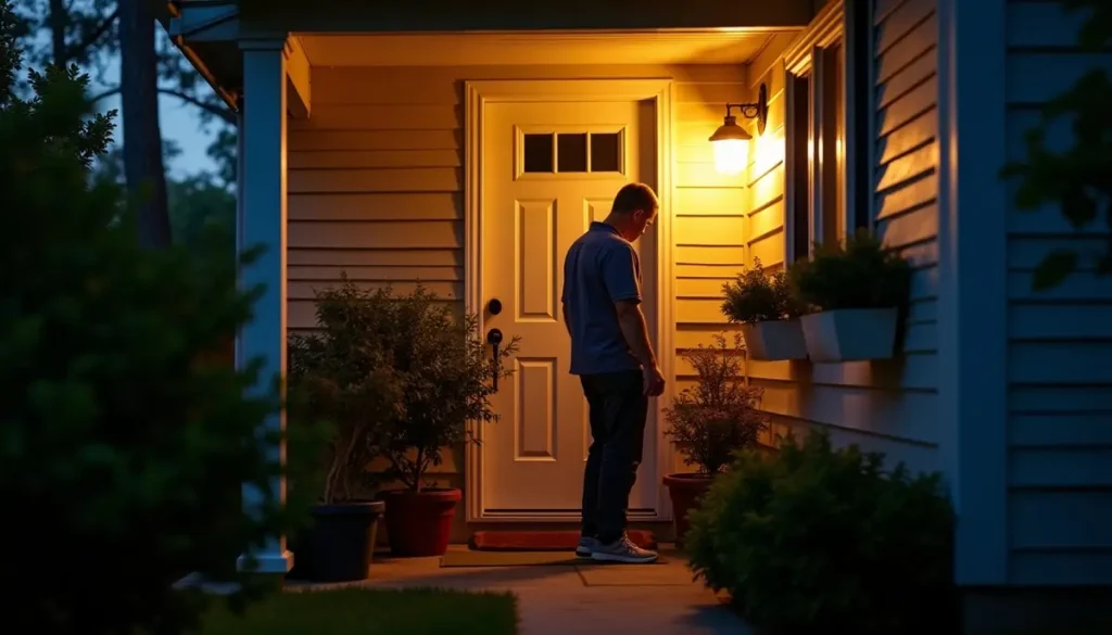 Back porch light glowing above a front door at dusk