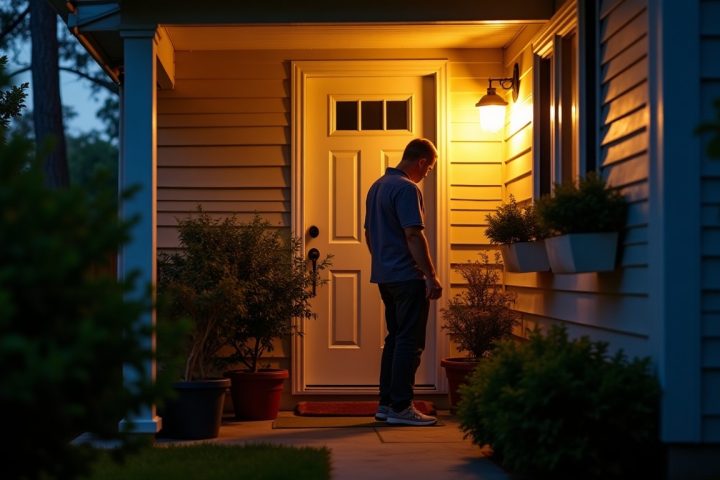 Back porch light glowing above a front door at dusk