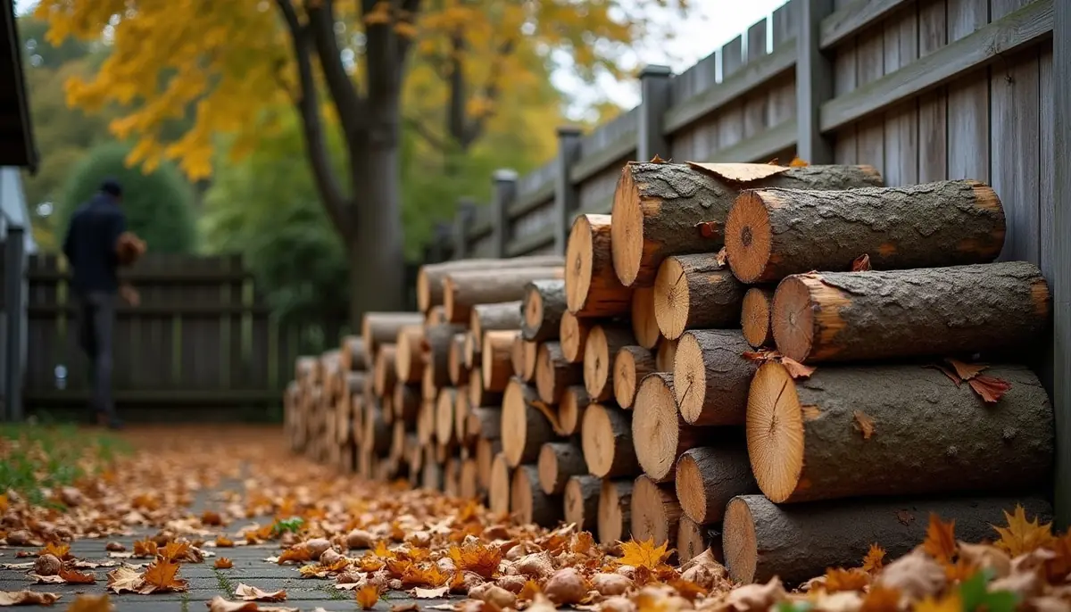 Stacked firewood against a backyard fence with fallen leaves