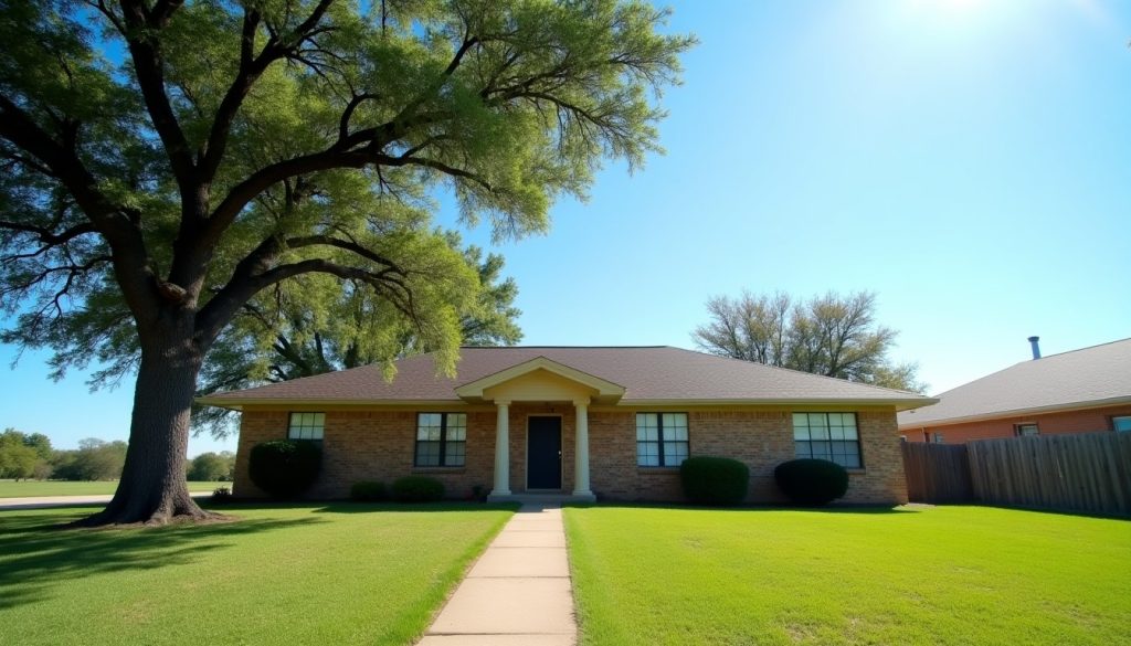 Brick ranch house in Texas with a live oak and wide lawn