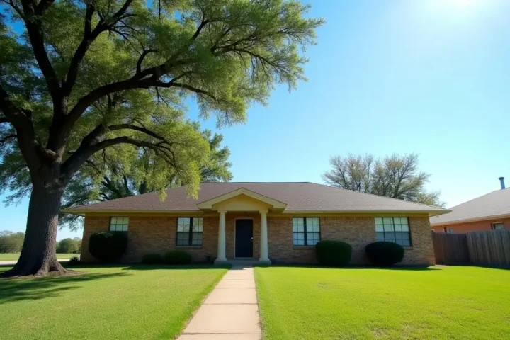 Brick ranch house in Texas with a live oak and wide lawn