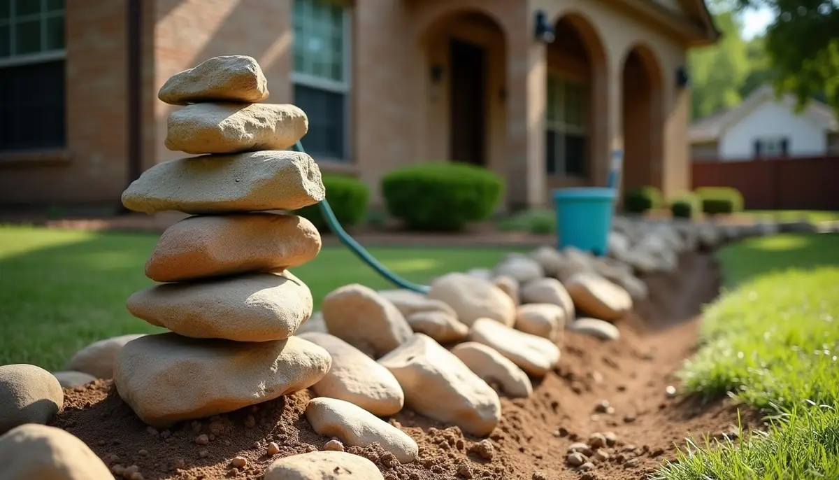Landscape rocks and a garden hose beside a brick house foundation