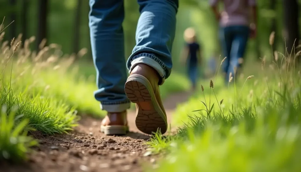 Walker in boots on a grassy woodland trail