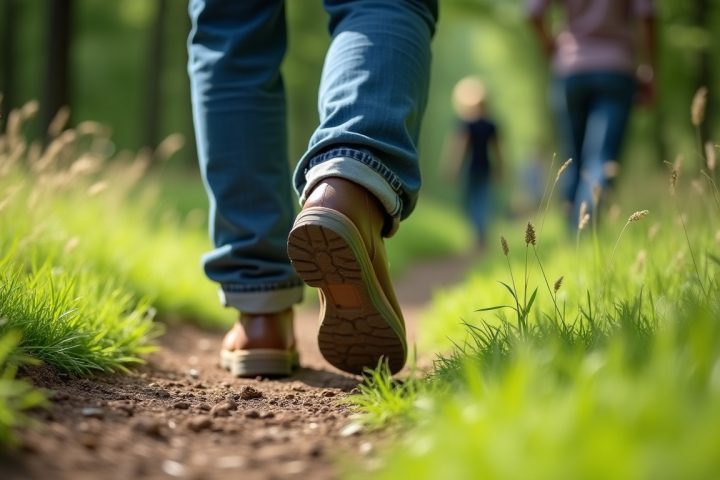 Walker in boots on a grassy woodland trail