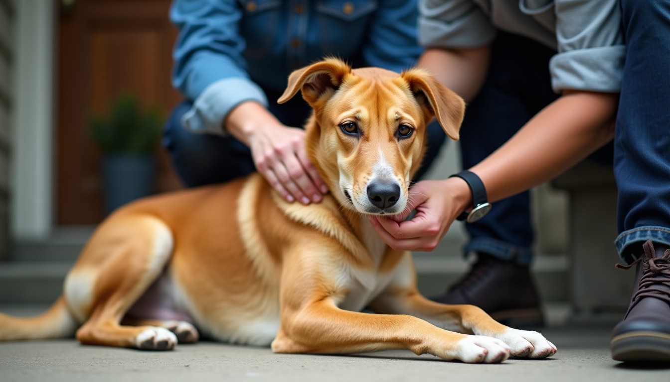 A person checking the fur on a dog's neck on a porch