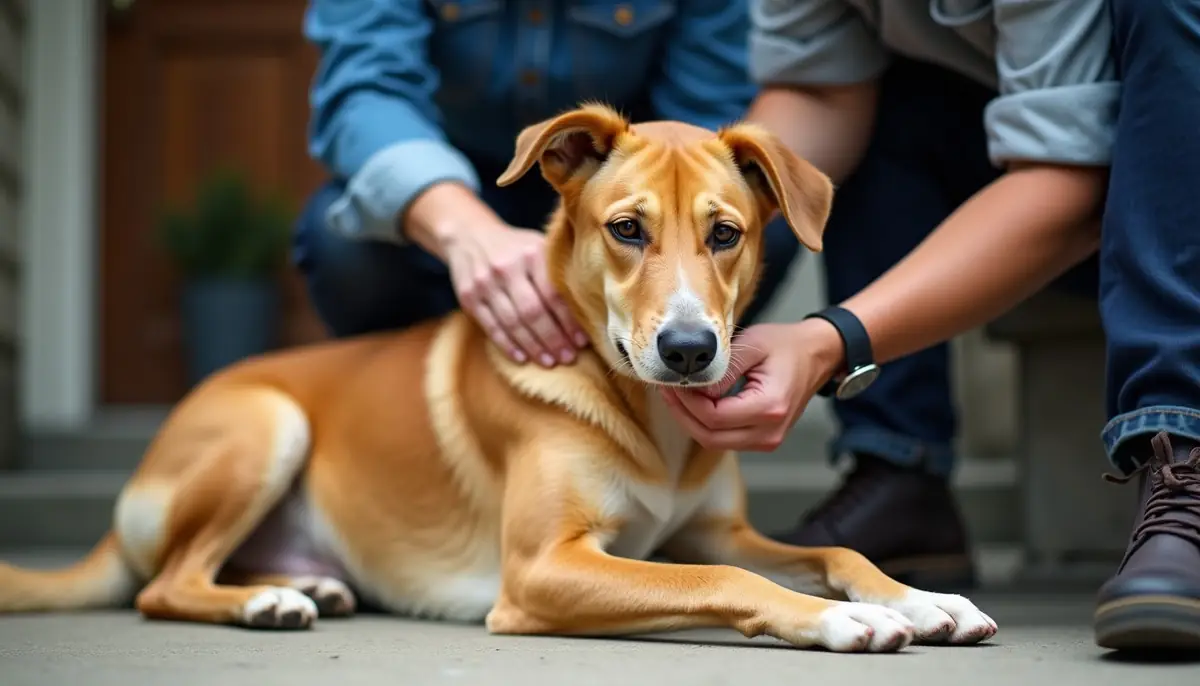 A person checking the fur on a dog's neck on a porch