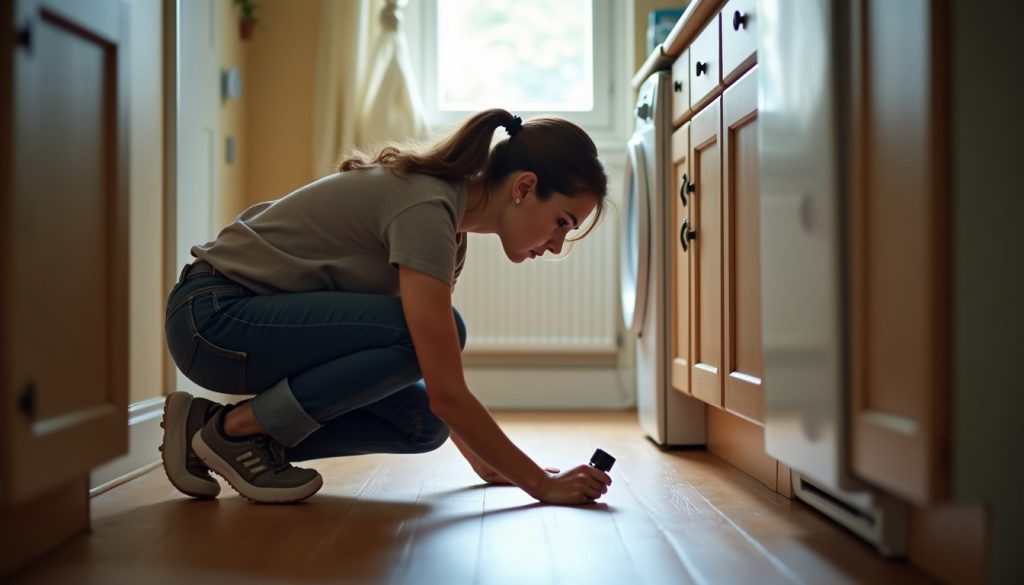 Woman crouching on a kitchen floor checking the skirting board with a small flashlight