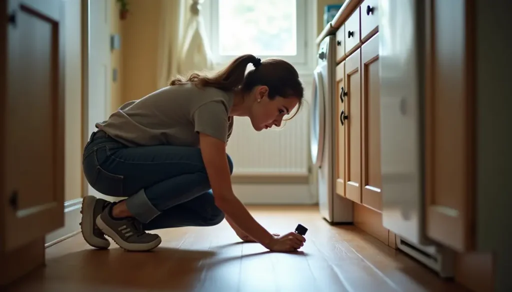 Woman crouching on a kitchen floor checking the skirting board with a small flashlight