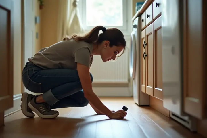 Woman crouching on a kitchen floor checking the skirting board with a small flashlight