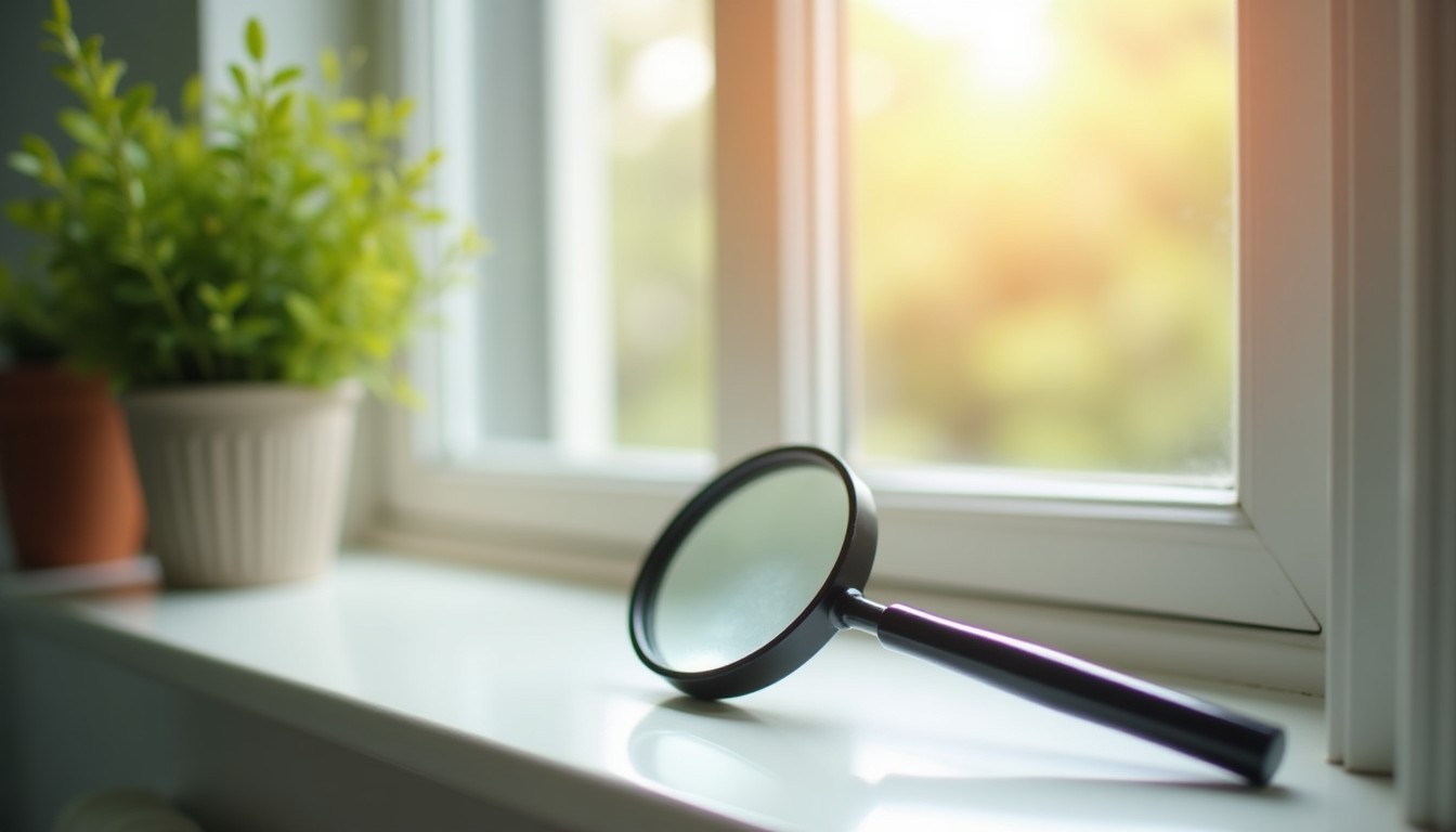 Magnifying glass resting on a sunny white windowsill beside a houseplant