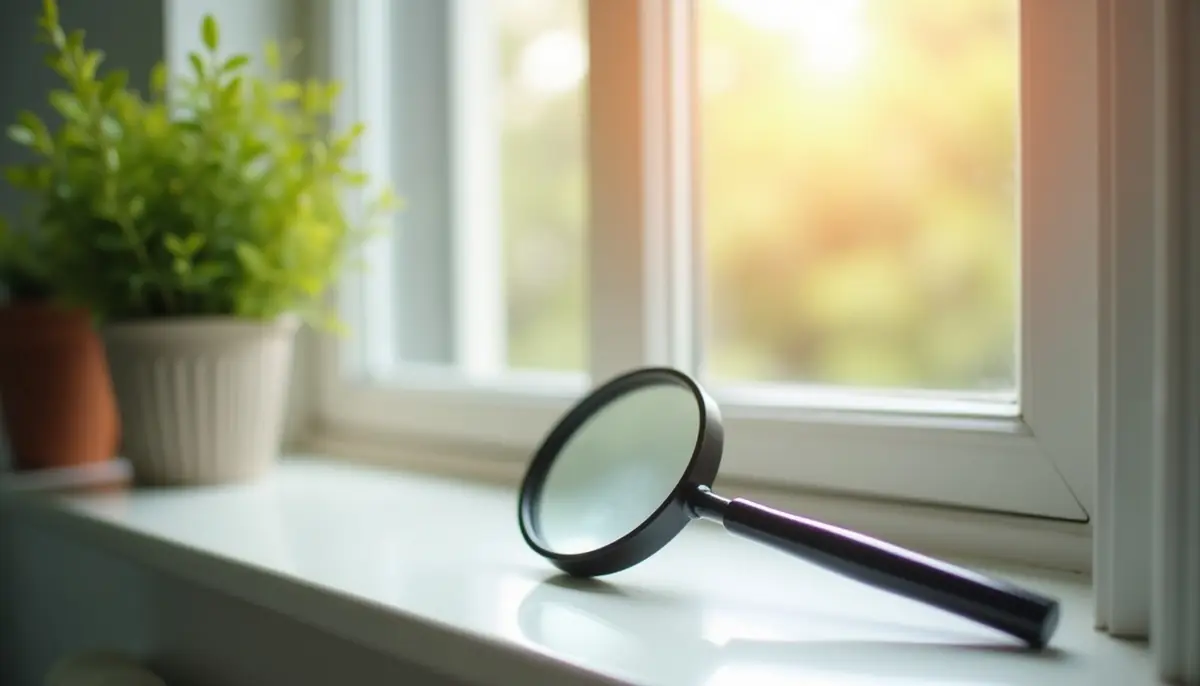 Magnifying glass resting on a sunny white windowsill beside a houseplant