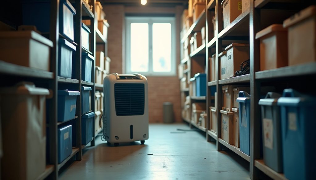 Dehumidifier running in a basement storage room
