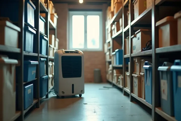 Dehumidifier running in a basement storage room