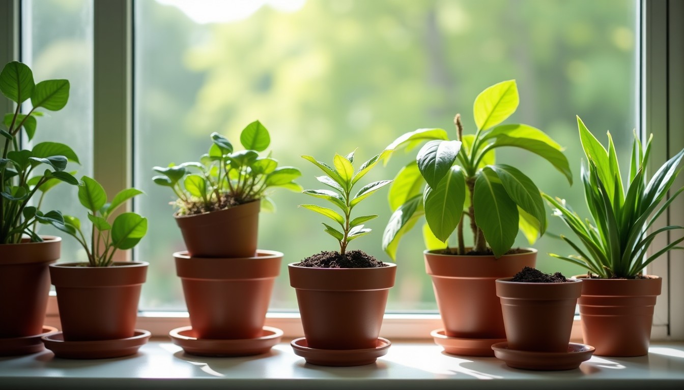 Potted houseplants on a bright windowsill