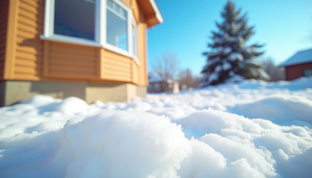Snow piled outside a sunny house wall under a blue sky