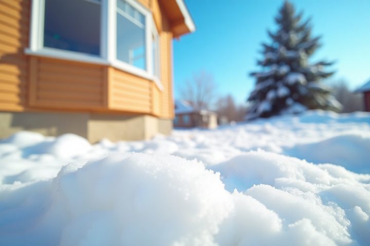 Snow piled outside a sunny house wall under a blue sky