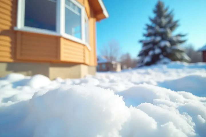 Snow piled outside a sunny house wall under a blue sky