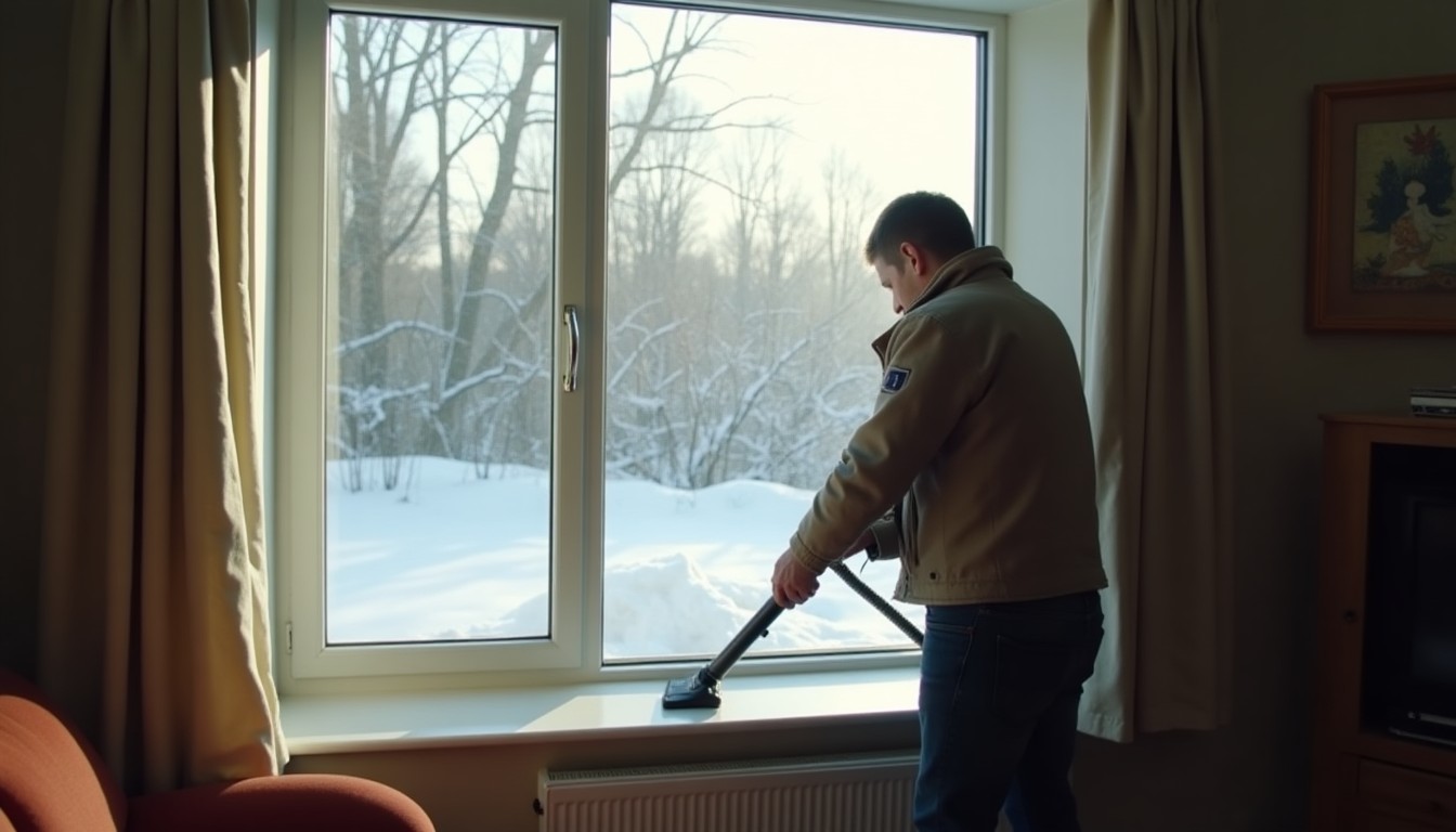 A person vacuuming a windowsill with snow outside