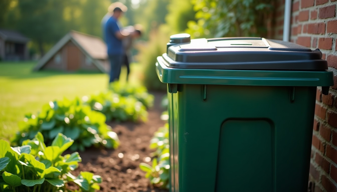 A garden compost bin beside a vegetable bed