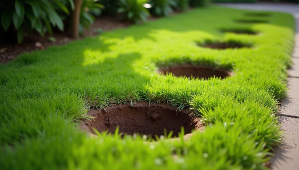 Small shallow holes dug in a lawn beside a garden border