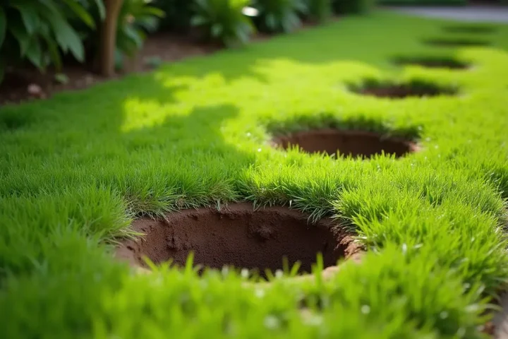 Small shallow holes dug in a lawn beside a garden border