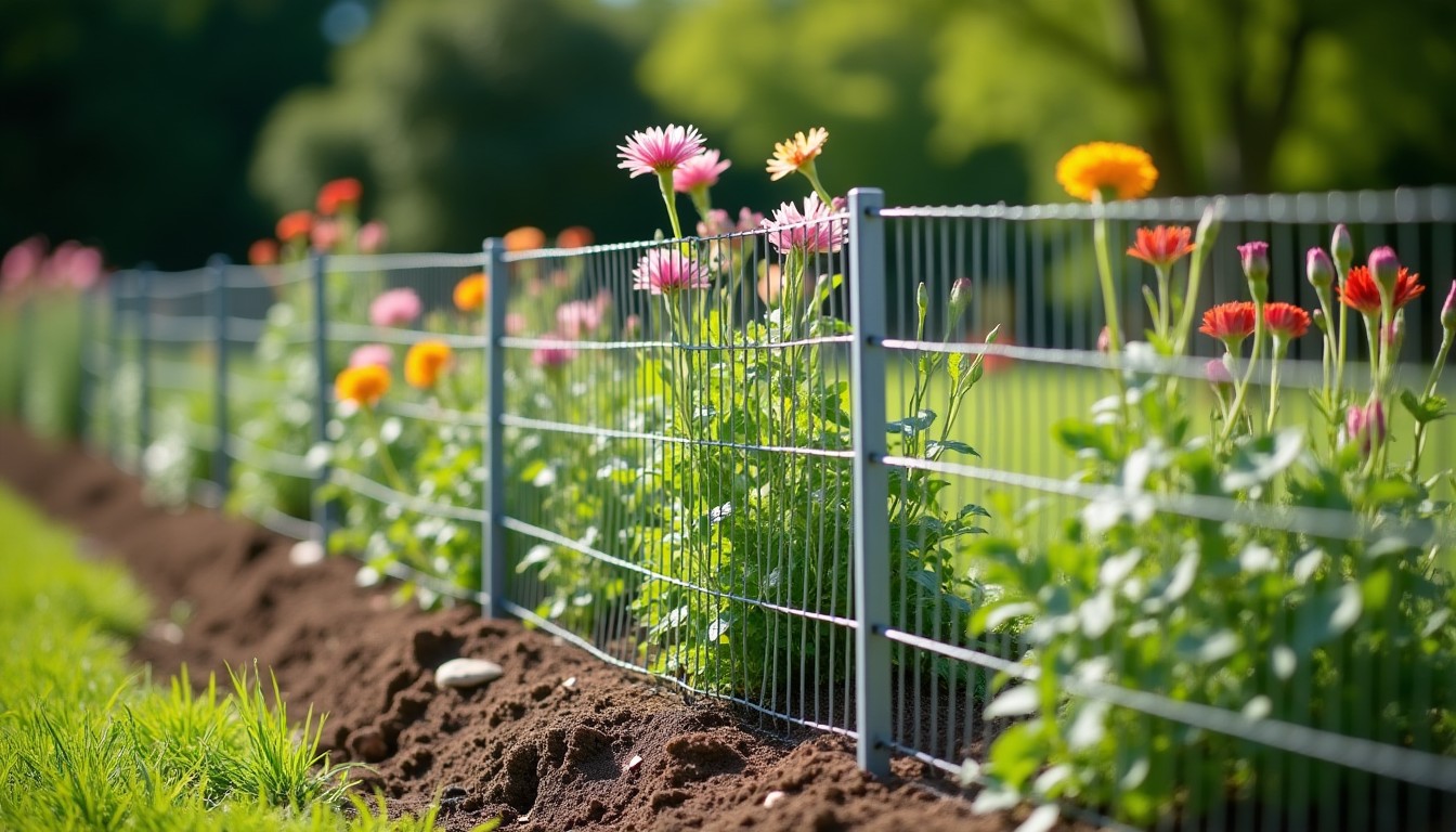 Low wire mesh fence buried along the edge of a flower bed