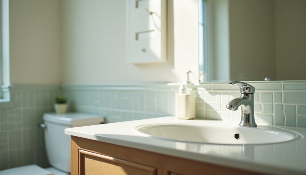 Bathroom vanity and sink in daylight
