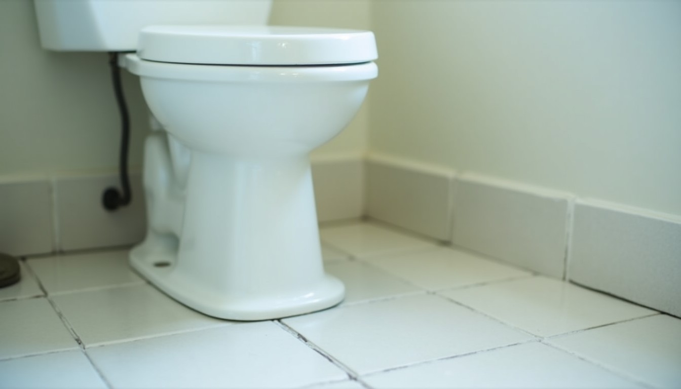 Base of a toilet and caulked tile floor in a bathroom