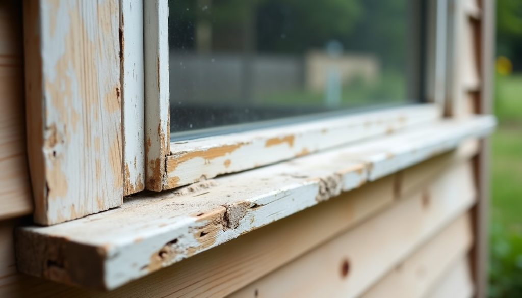 Weathered window sill with soft damaged wood