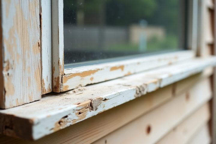 Weathered window sill with soft damaged wood