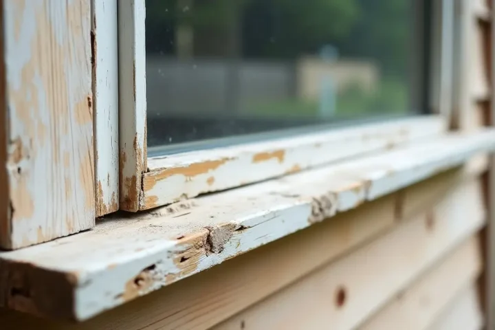 Weathered window sill with soft damaged wood