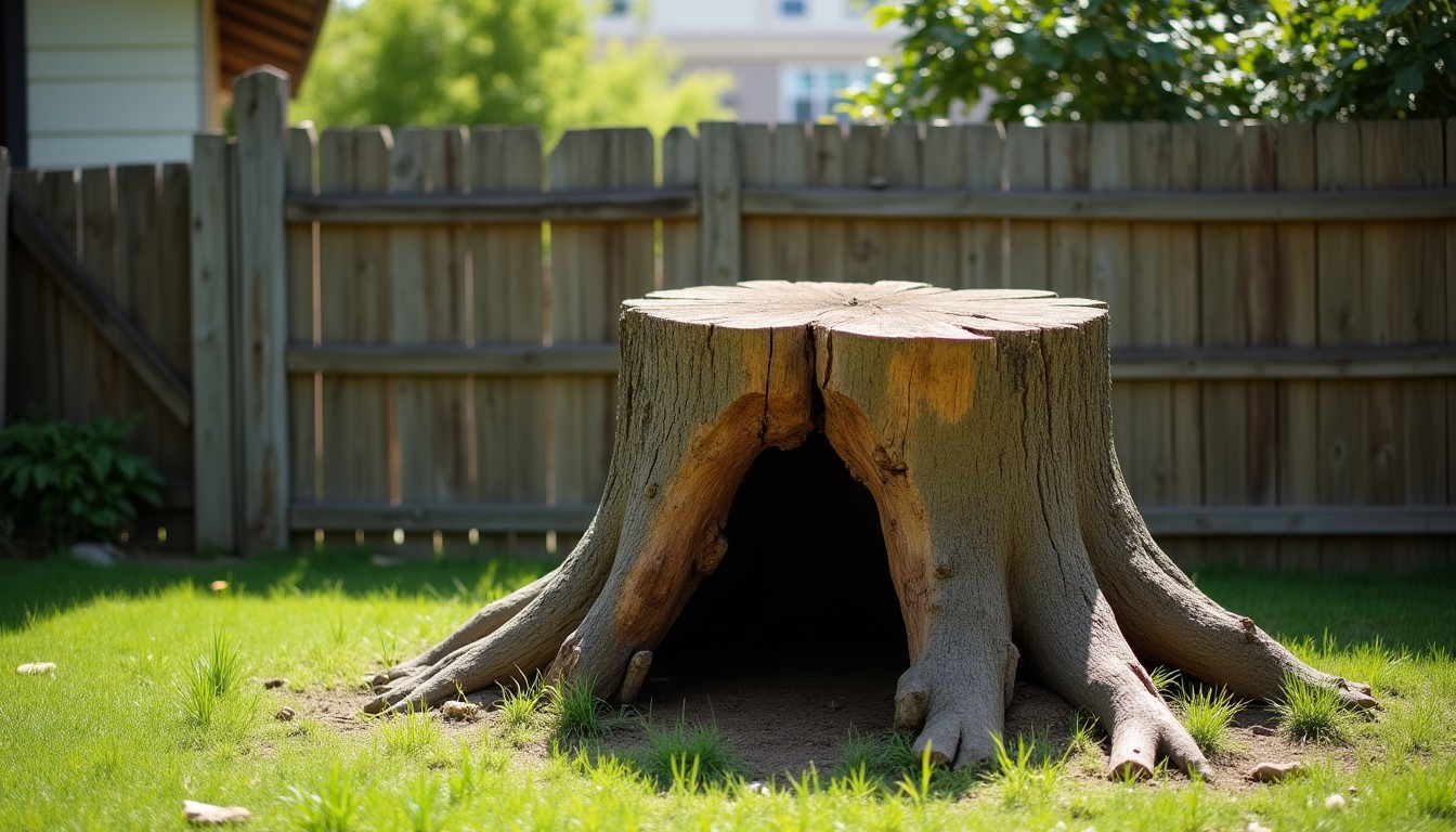 Old partly hollow tree stump beside a backyard fence
