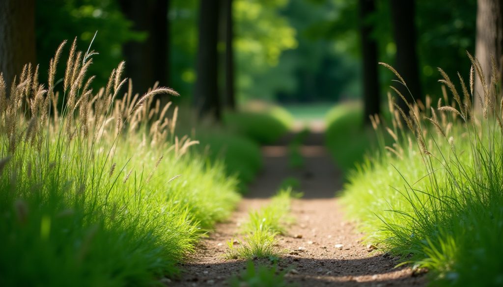 Tall grass at the shaded edge of a woodland trail