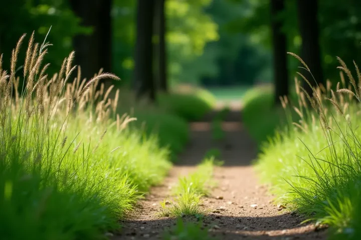 Tall grass at the shaded edge of a woodland trail
