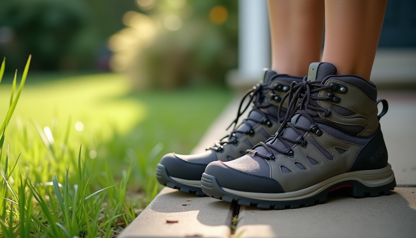 Hiking socks and boots on a porch step beside a lawn