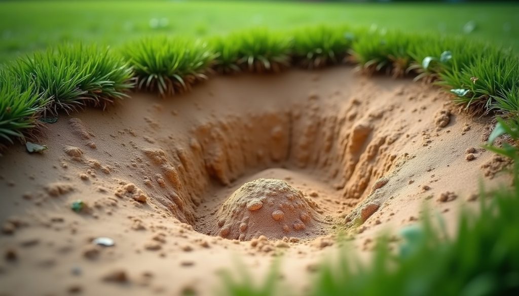 Burrow with a U-shaped soil mound at a lawn edge