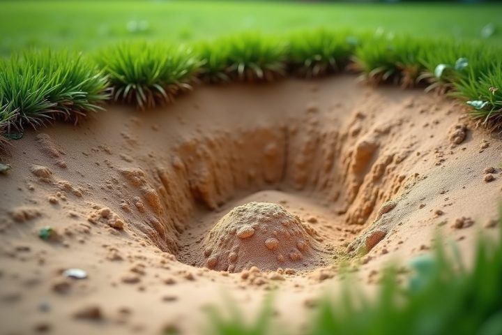 Burrow with a U-shaped soil mound at a lawn edge