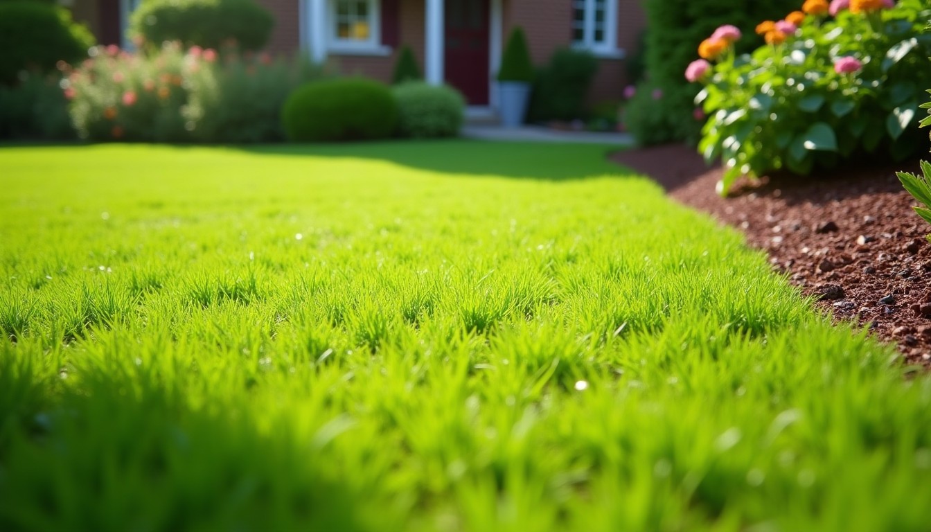 Thick green lawn meeting a mulched border