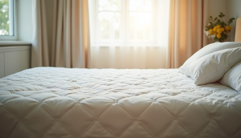 Made bed with a quilted mattress cover in a bright bedroom