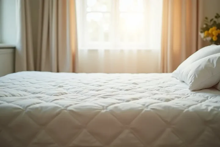 Made bed with a quilted mattress cover in a bright bedroom