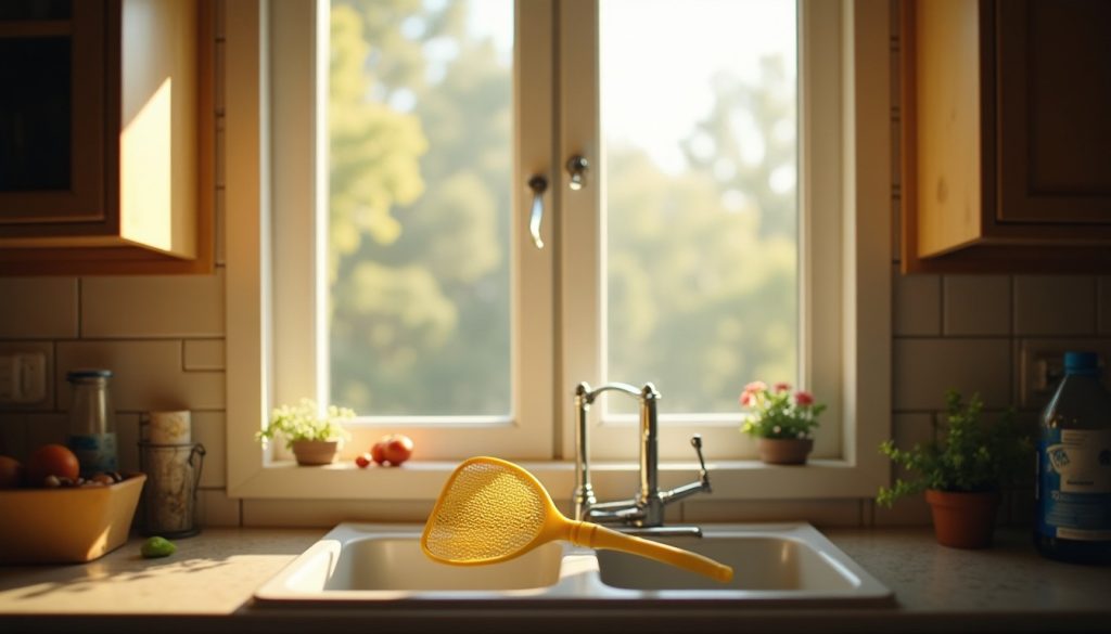 Kitchen window with a fly swatter on the sill