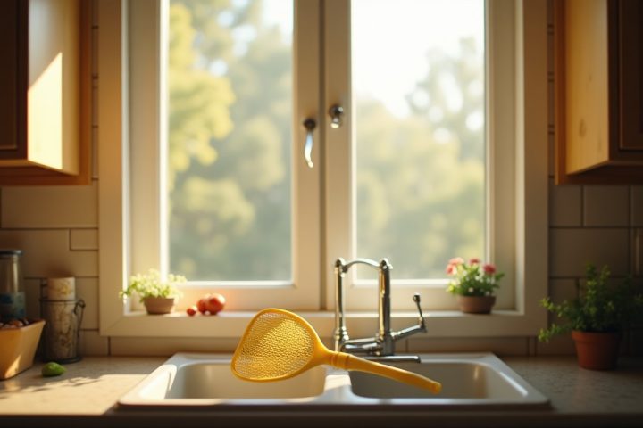 Kitchen window with a fly swatter on the sill