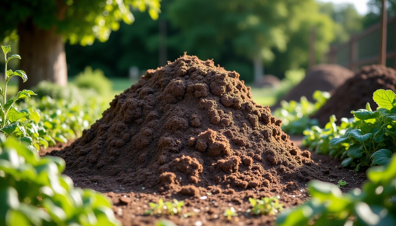 Compost heap at the back of a vegetable garden