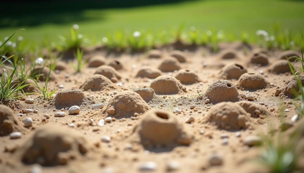 Small soil mounds with holes in a sandy lawn