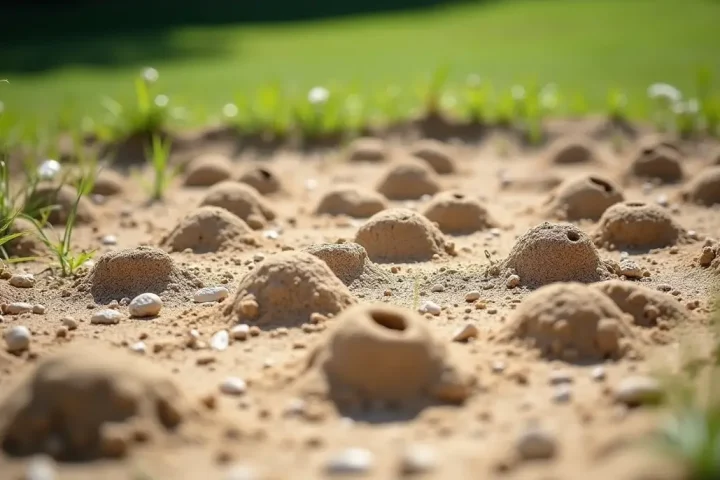 Small soil mounds with holes in a sandy lawn