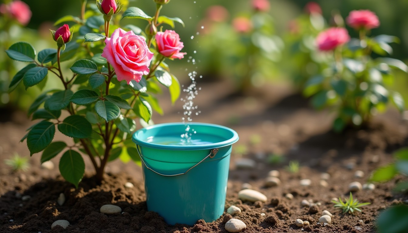 Bucket of soapy water beneath a rose bush