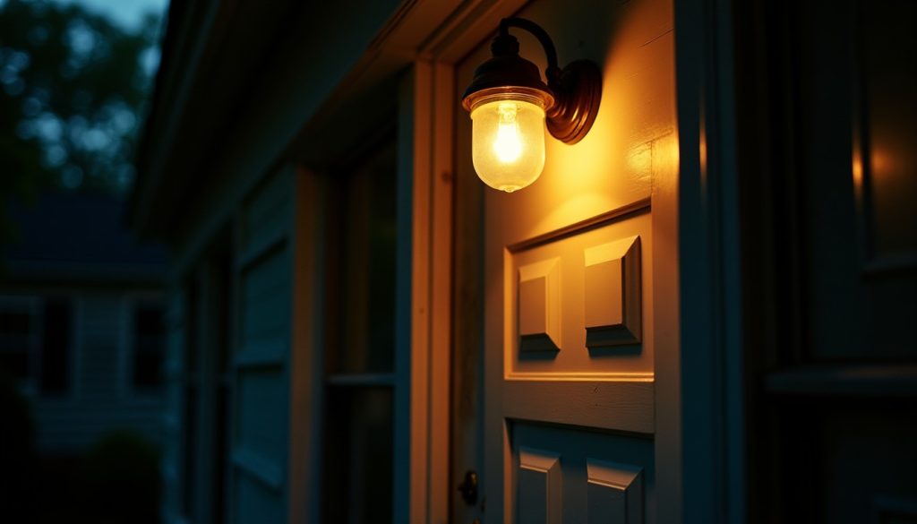 Porch light glowing above a front door at night