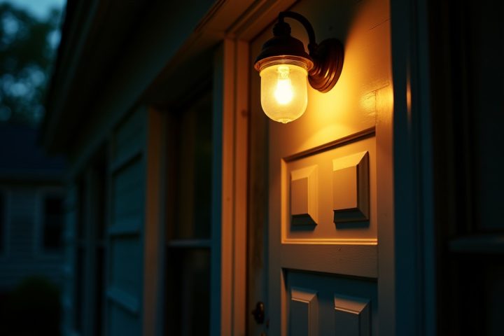Porch light glowing above a front door at night